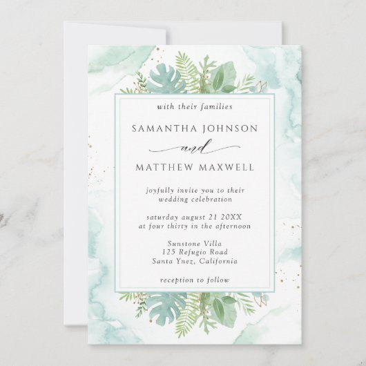 Blauwe groene Waterverf en groene bruiloft Kaart (Voorkant)