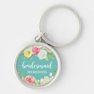 Blauwe groene Waterverf Floral Bridesmaid Name Sleutelhanger