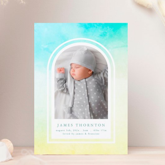 blauwe groene waterverf foto baby geboorte aankondiging