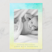 blauwe groene waterverf foto baby geboorte aankondiging (Achterkant)