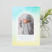 blauwe groene waterverf foto baby geboorte aankondiging (Staand voorkant)