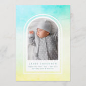 blauwe groene waterverf foto baby geboorte aankondiging (Voorkant)