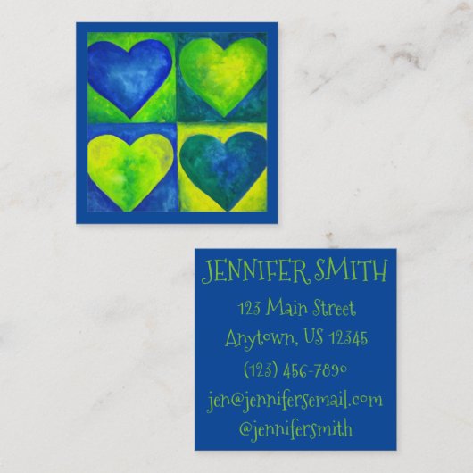 Blauwe groene Waterverf Geschilderde kunstliefde Vierkante Visitekaartje (Voorkant / Achterkant)