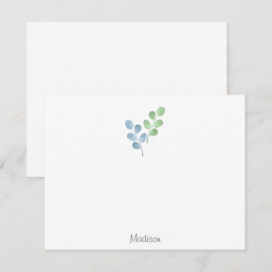 Blauwe groene Waterverf Ronde Leaf Stems Notitiekaartje (Voorkant / Achterkant)