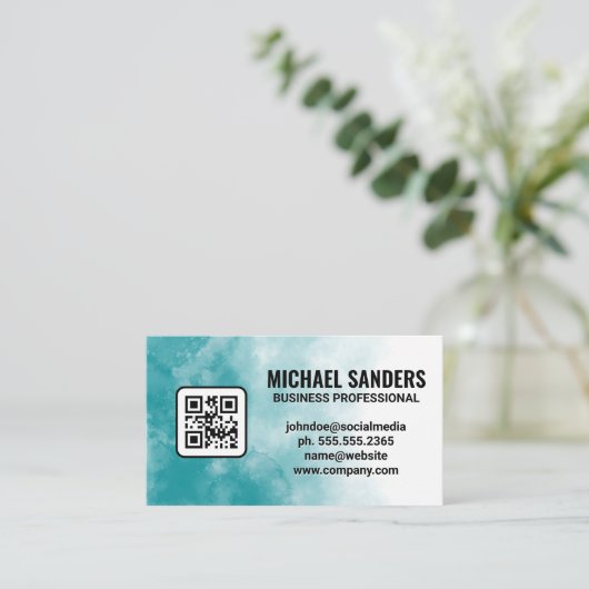 Blauwe groene Waterverf textuur | QR-code Visitekaartje (Staand voorkant)