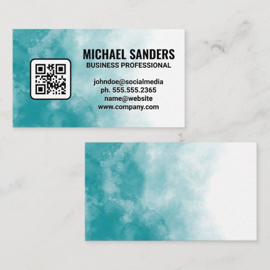 Blauwe groene Waterverf textuur | QR-code Visitekaartje (Voorkant / Achterkant)