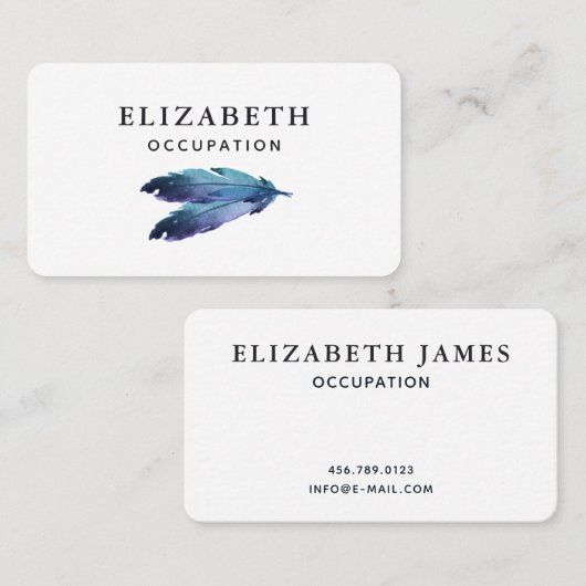 Blauwe groene Waterverf Twee minimale veren Visitekaartje (Voorkant / Achterkant)