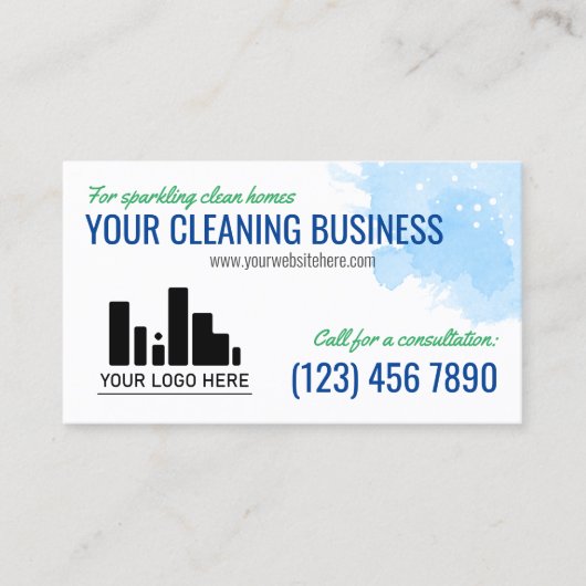 Blauwe groene Waterverf Uw Logo Reinigingsservice Visitekaartje (Voorkant)