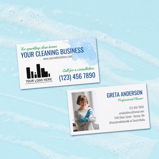 Blauwe groene Waterverf Uw Logo Reinigingsservice Visitekaartje
