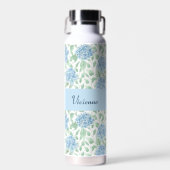 Blauwe Groene Wilde Bloem Waterverf Monogram Naam Waterfles (Voorkant)