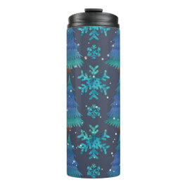 BLAUWE & GROENE WINTERBOMEN & WINTERSNEEUWVLOKKEN THERMOSBEKER