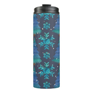 BLAUWE & GROENE WINTERBOMEN & WINTERSNEEUWVLOKKEN THERMOSBEKER