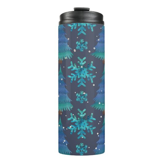 BLAUWE & GROENE WINTERBOMEN & WINTERSNEEUWVLOKKEN THERMOSBEKER (Voorkant)