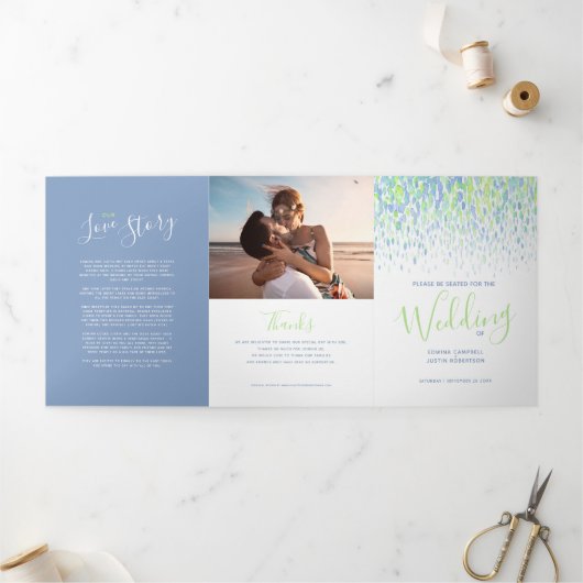 Blauwe, groene, witte abstracte huwelijksceremonie drieluik programma (Buitenkant)