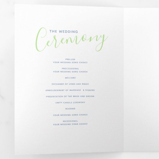 Blauwe, groene, witte abstracte huwelijksceremonie drieluik programma (Binnenzijde eerst)