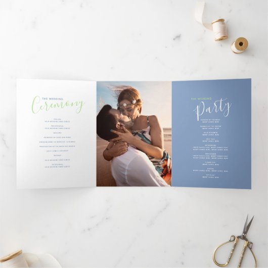 Blauwe, groene, witte abstracte huwelijksceremonie drieluik programma (Binnen)