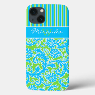 Blauwe, groene, witte stripper Damask 2 iPad-lucht iPhone 13 Hoesje