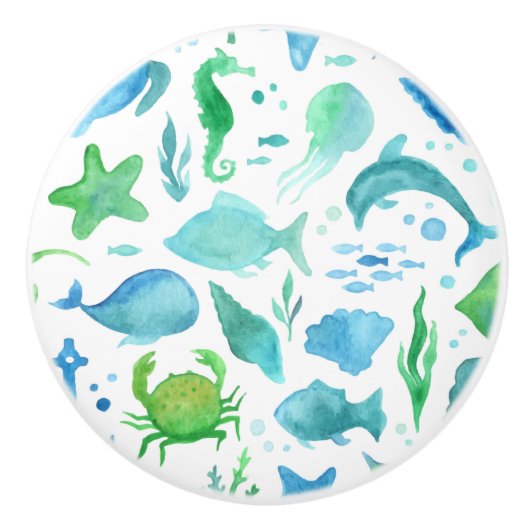 Blauwe groene zee oceaan, dolfijn wit nautisch keramische knop (Voorkant)