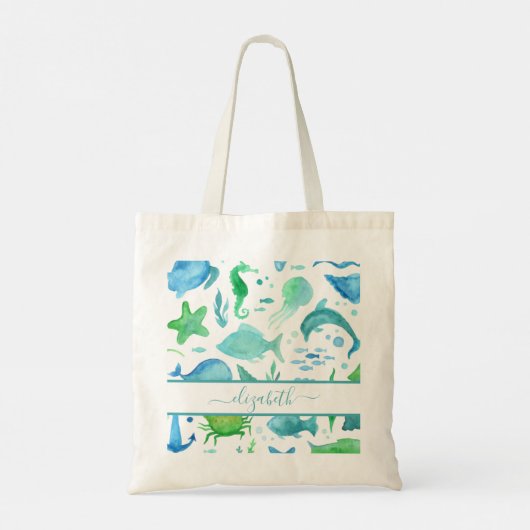 Blauwe groene zee oceaan, dolfijnennaam tote bag (Achterkant)