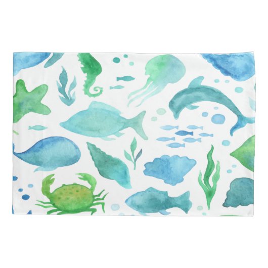 Blauwe groene zee oceaan vis dolfijn witte monogra kussensloop (Achterkant)