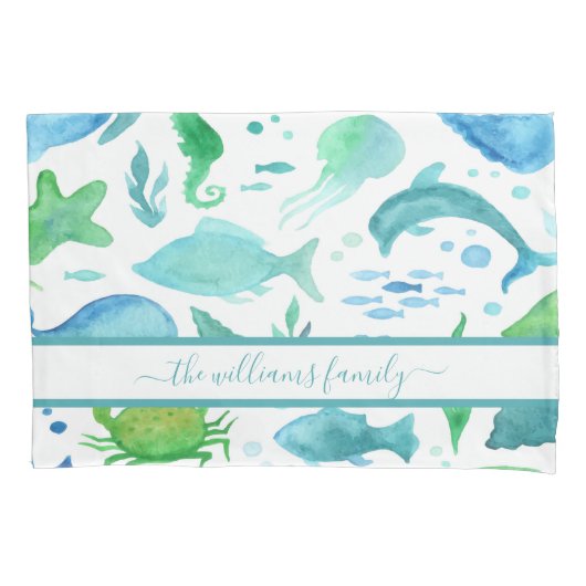 Blauwe groene zee oceaan vis dolfijn witte monogra kussensloop (Voorkant)