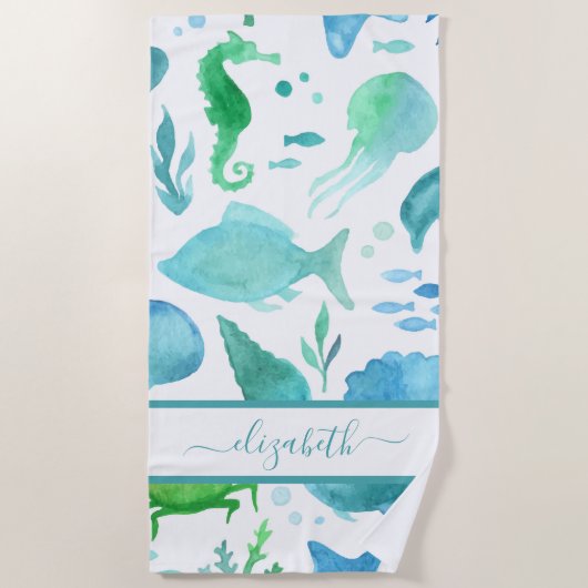 Blauwe groene zee oceaan vis dolfijn witte monogra strandlaken (Voorkant)