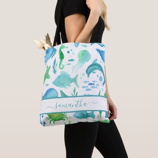 Blauwe groene zee oceaan vis dolfijnvriendelijke n tote bag (Dichtbij)