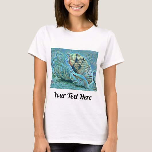 Blauwe groene zeeschelpen op het strand schilderen t-shirt (Voorkant)