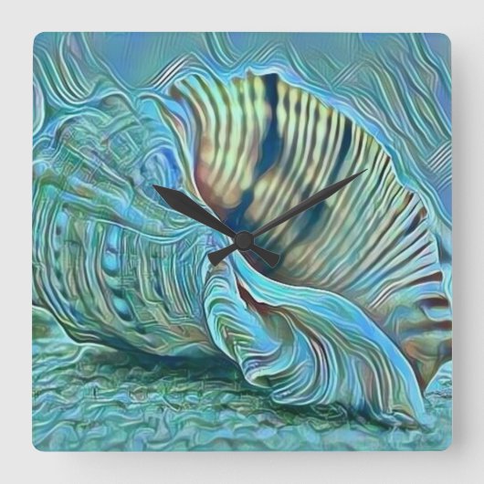 Blauwe groene zeeschelpen op het strand schilderen vierkante klok (Voorkant)