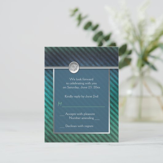 Blauwe, groene, zilverstripte Bar Mitzvah RSVP-kaa Kaart (Staand voorkant)