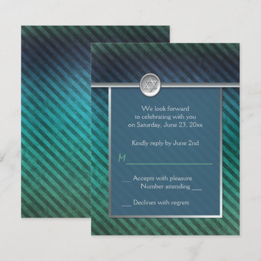 Blauwe, groene, zilverstripte Bar Mitzvah RSVP-kaa Kaart (Voorkant / Achterkant)