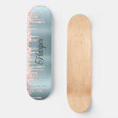 Blauwe groene zonnige afwerking met roze glittersc persoonlijk skateboard (Voorkant)