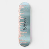 Blauwe groene zonnige afwerking met roze glittersc persoonlijk skateboard (Voorkant)