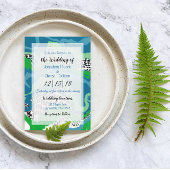 Blauwe, groene zwarte en witte marmer bruiloft kaart