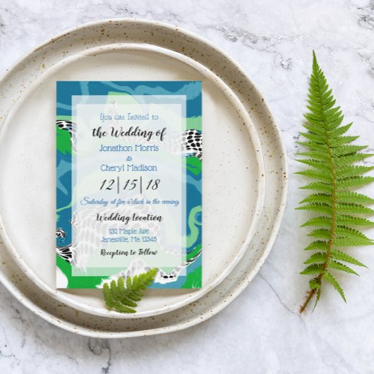 Blauwe, groene zwarte en witte marmer bruiloft kaart