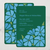 Blauwe Groovy Flower Pattern Huwelijksuitnodiging Kaart (Voorkant / Achterkant)
