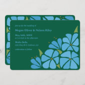 Blauwe Groovy Flower Pattern Huwelijksuitnodiging Kaart (Voorkant / Achterkant)