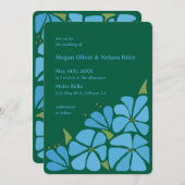 Blauwe Groovy Flower Pattern Huwelijksuitnodiging Kaart (Voorkant / Achterkant)