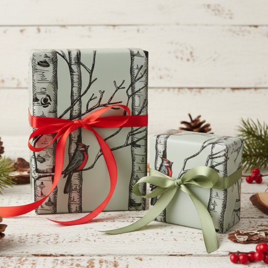 Blauwe grote berkenbomen en rode kardinaalvogels cadeaupapier