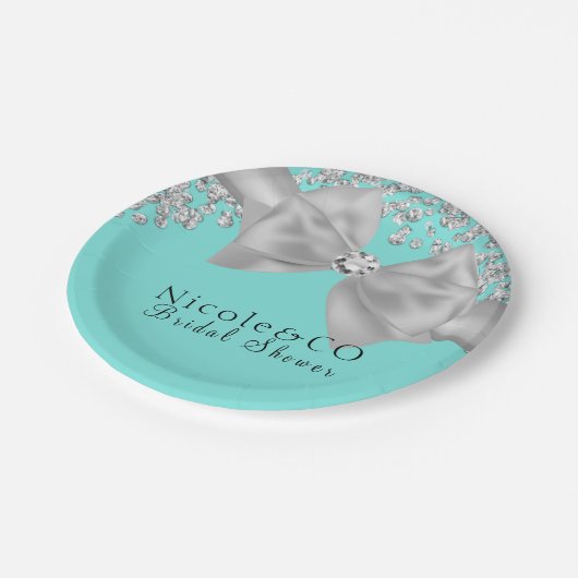 Blauwe Grote Witte Boog Diamanten Glam Party Papieren Bordje (Gekanteld)