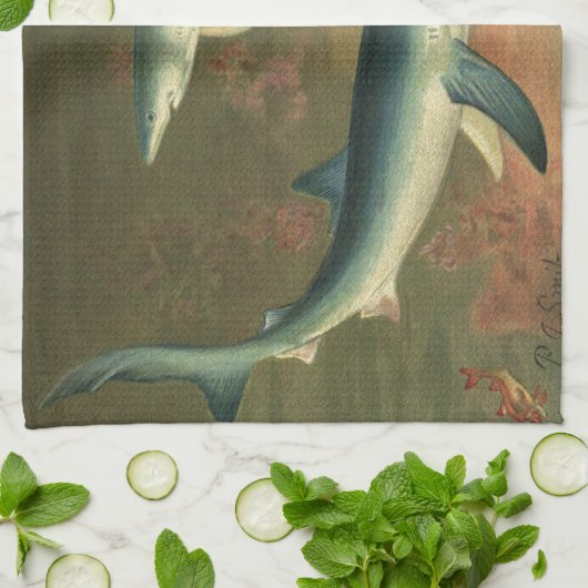  blauwe haai Eating Fish, Marine Life Theedoek (Gevouwen)