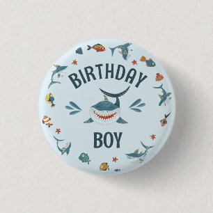 Blauwe haai Gedekte Birthday Boy Button