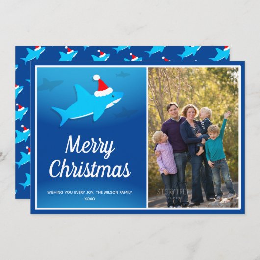 Blauwe haai in Santa Hat-kerstflat Feestdagenkaart (Voorkant / Achterkant)