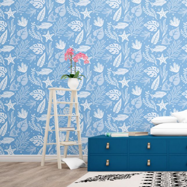 Blauwe haai laat zeesterren vis oceaan patroon behang (Creator heeft geüpload)