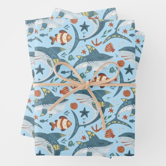 Blauwe Haai Oceaan Zee Vis Dier Verjaardag Inpakpapier Vel (In situ)