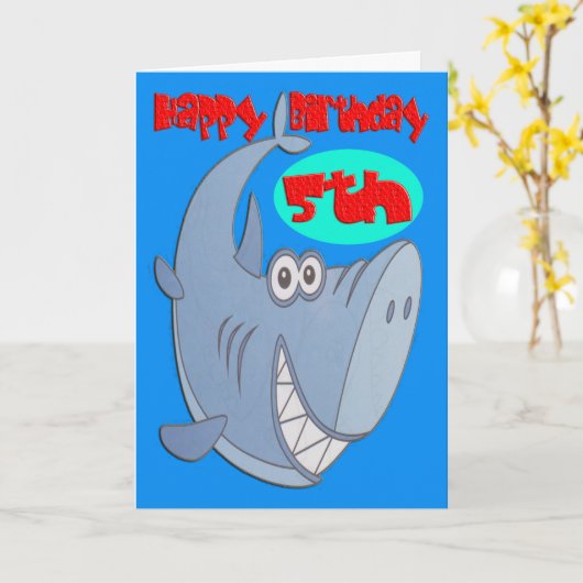 Blauwe Haai Vijfde Verjaardag Kaart (Gele Bloem)