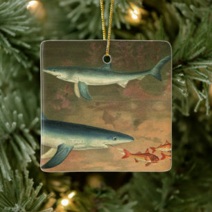 Blauwe Haaien die Vis Eten, Antieke Zeeleven Keramisch Ornament