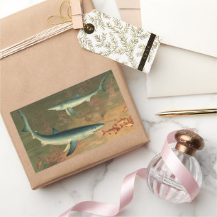 Blauwe haaien die vis eten, antieke zeeleven rechthoekige sticker