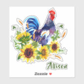 Blauwe Haan met Zonnebloemen Naam Sticker (Vel)