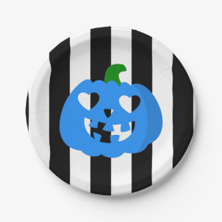blauwe halloween hart pompoen gestreept papieren bordje